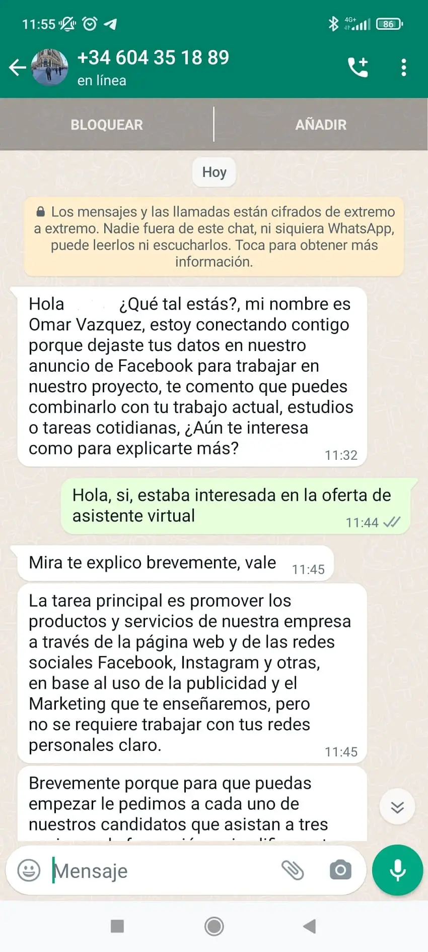 reclutamiento por wasup empleo asistente virtual en remoto España